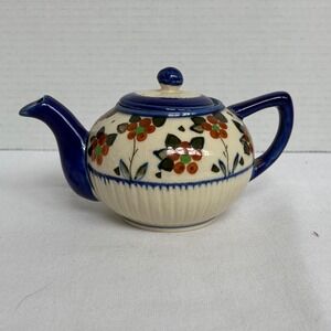 Vintage Made in Japan Hand Painted Floral Ceramic Teapot Cobalt Blue Crazed